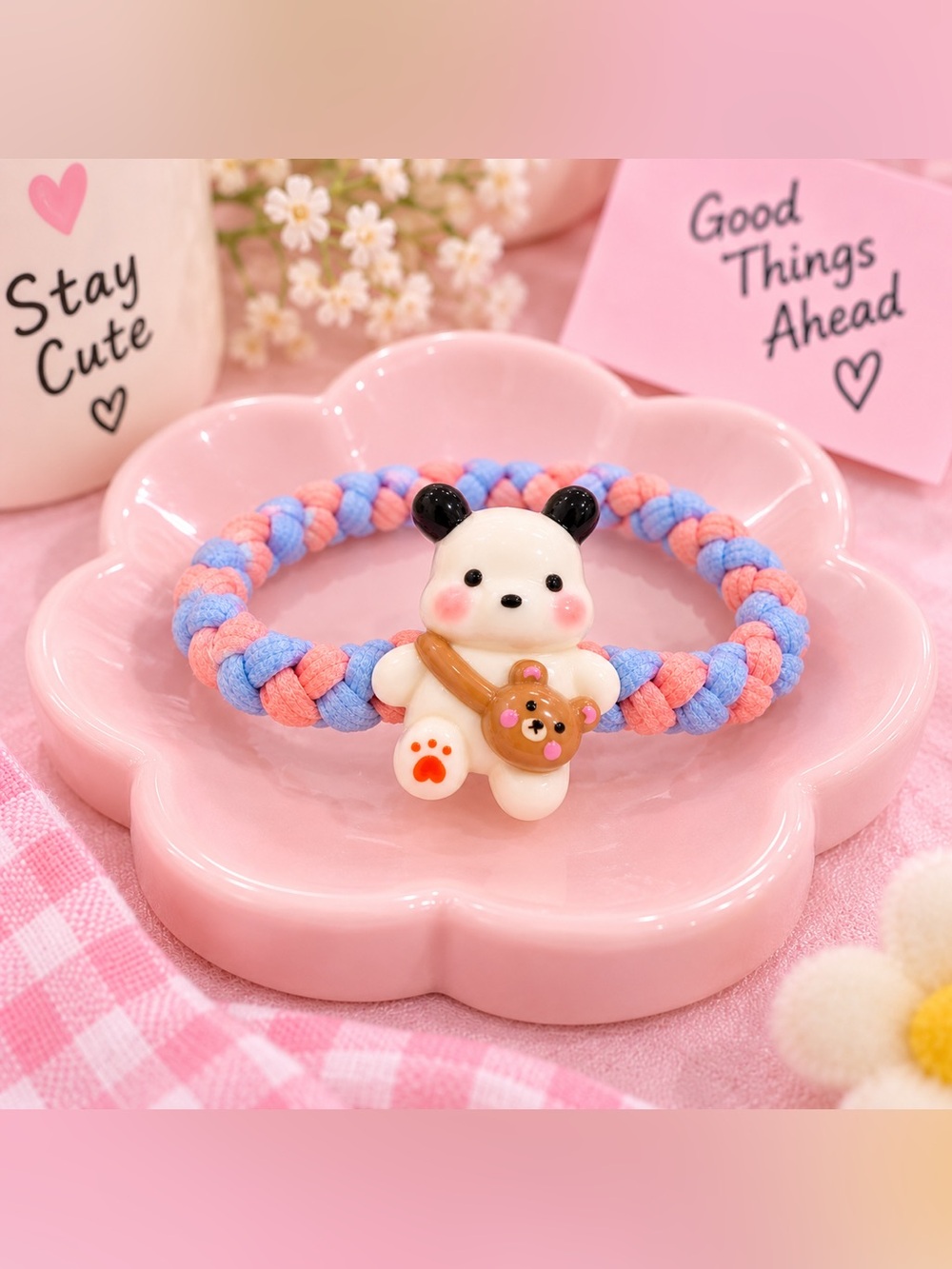 Cute Panda Bear Character Braided Friend Bracelet Blue Pink Teddy Bag Charm NWT